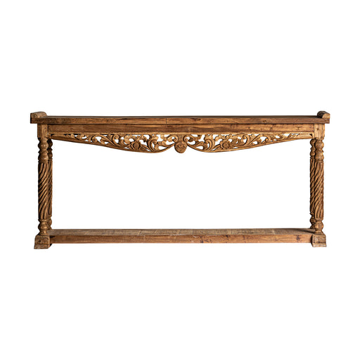The Console Table MECULA in natural distressed color is a unique and distinctive piece of furniture that showcases the beauty of wood. Made of high-quality teak wood, it is durable and built to last
