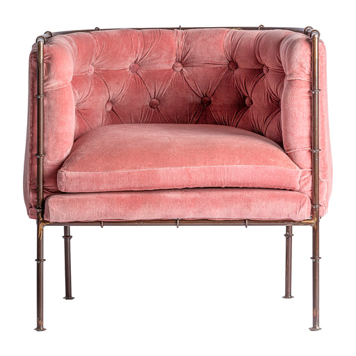 Introducing the TARDIANO Buttoned Armchair, an exquisite piece in a delightful Pink color that exudes the charm of Shabby Chic style. Crafted with meticulous attention to detail, this armchair features a sturdy iron frame combined with luxurious velvet and soft cotton upholstery