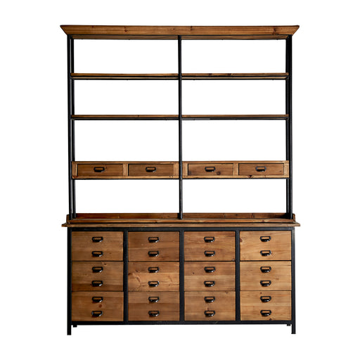 MINOT BOOKCASE - a masterpiece of industrial design. Crafted from luxurious elm wood, this bookcase features both shelves and drawers for optimum storage. Its natural color adds a touch of rustic elegance to any space. Elevate your home with the Minot bookcase.