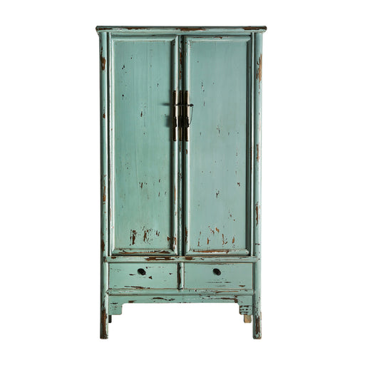 Easky Wardrobe, inspired by the enchanting Oriental style. This wardrobe features a rich green distressed color that adds a vibrant touch to any space. Meticulously crafted from high-quality elm wood, it showcases the natural grain and beauty of the wood