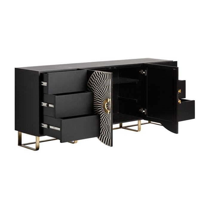 Introduce a touch of Art Deco elegance to your living space with the Gatsby Sideboard. This stunning piece features a captivating color palette of black, white and gold, creating a visually striking contrast