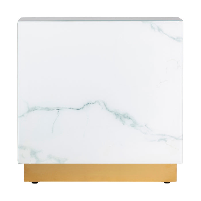 The Neva Side Table is a luxurious addition to any living space, boasting an exquisite Art Deco style. Its sleek design features a stunning combination of white and gold colors that create an elegant aesthetic