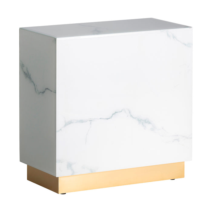 The Neva Side Table is a luxurious addition to any living space, boasting an exquisite Art Deco style. Its sleek design features a stunning combination of white and gold colors that create an elegant aesthetic