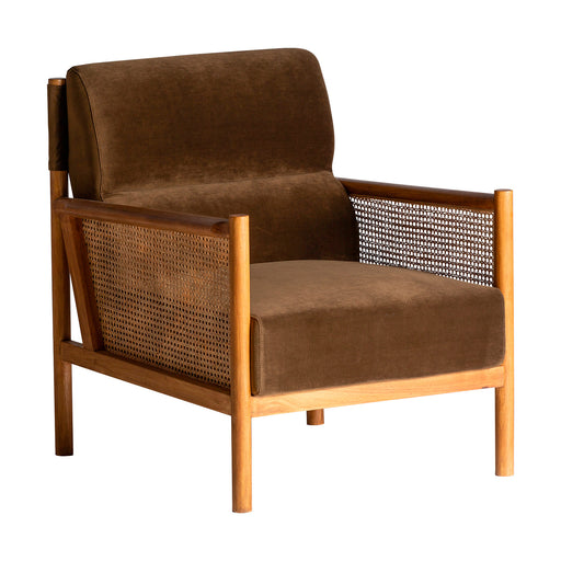 The Velburg Armchair boasts a Colonial-style design with a brown color scheme. The chair is crafted from Rattan and paired with Rubber Wood and Pine Wood for a unique and striking look