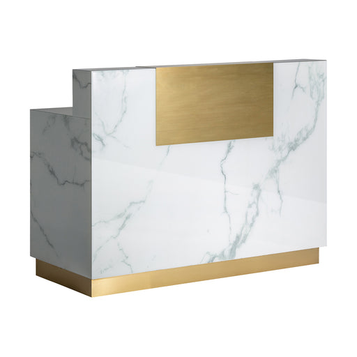 This Neva desk is a stunning piece of Art Deco furniture that will add elegance and sophistication to any workspace. The desk features a sleek glass top and a sturdy iron frame with a beautiful white and gold finish