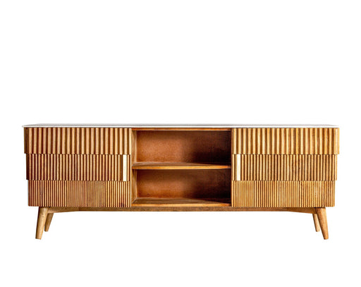 Plissé Wood TV Stand, a stunning piece that exudes Art Deco style and functionality. With its natural and white color combination, this TV stand adds a touch of elegance to any living space