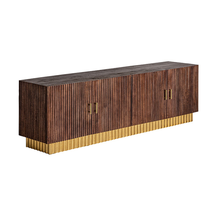Mesia TV Stand, a remarkable piece inspired by the Art Deco style. With its rich brown color, this TV stand adds warmth and sophistication to your living space. Meticulously crafted from mango wood, it showcases the natural beauty and durability of the material