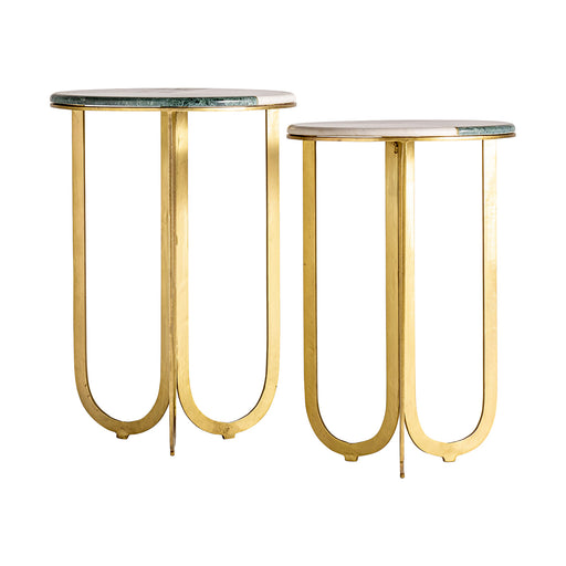 The Bourth Side Table (Set of 2), featuring a lavish Art Deco design and constructed from iron and marble, exudes luxury with its opulent Green & Gold color combination