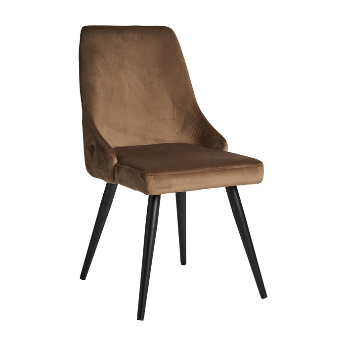 The Flers chair, in a rich brown hue, is a delightful representation of the eclectic kitsch style. Upholstered in sumptuous velvet and supported by sturdy steel, it juxtaposes opulence with industrial strength