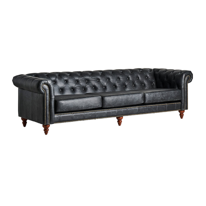 Introducing the Chesterfield Eklo Sofa, a luxurious addition to your living space. This vintage-style sofa boasts a sleek black color that exudes elegance and sophistication