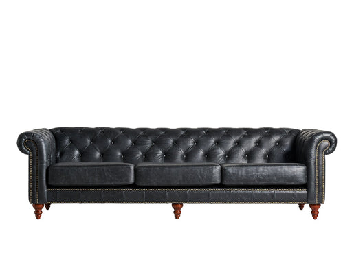 Introducing the Chesterfield Eklo Sofa, a luxurious addition to your living space. This vintage-style sofa boasts a sleek black color that exudes elegance and sophistication