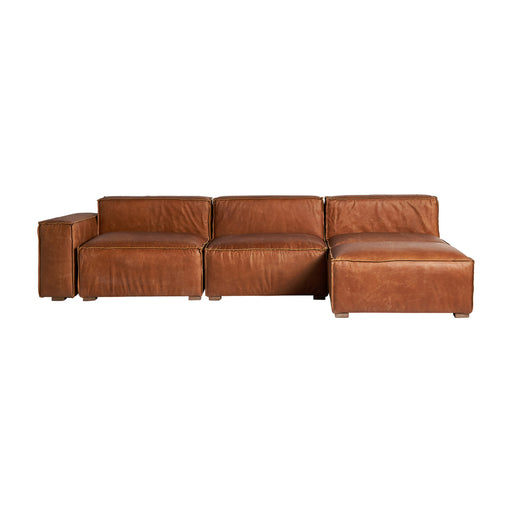 Introducing the luxurious MODULAR SOFA AUBURN. Crafted with rich brown leather and birch wood, this vintage-style sofa exudes sophistication and elegance. Its modular design allows for versatility and effortless customization