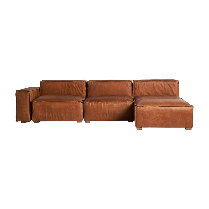 Introducing the luxurious MODULAR SOFA AUBURN. Crafted with rich brown leather and birch wood, this vintage-style sofa exudes sophistication and elegance. Its modular design allows for versatility and effortless customization