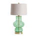 This is a table lamp with a classic design that features a natural color scheme of green and gold. The lamp is crafted from natural materials such as glass, iron, and linen.