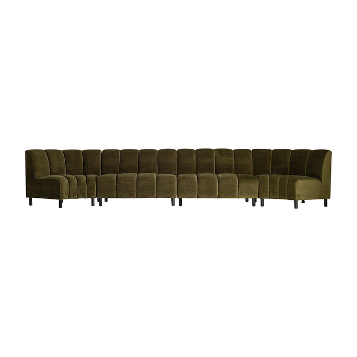 Modular sofa Suhl, in a vibrant green color, epitomizes the lavish aesthetics of Art Deco style. Cloaked in sumptuous velvet and generously cushioned with foam, it exudes opulence and comfort. This piece stands as a luxurious embodiment of the Art Deco era
