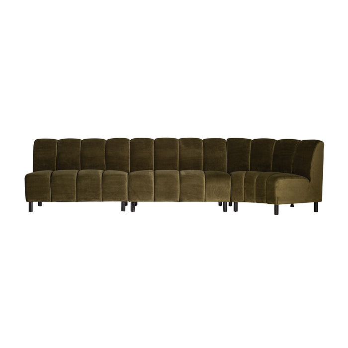 Modular sofa Suhl, in a vibrant green color, epitomizes the lavish aesthetics of Art Deco style. Cloaked in sumptuous velvet and generously cushioned with foam, it exudes opulence and comfort. This piece stands as a luxurious embodiment of the Art Deco era