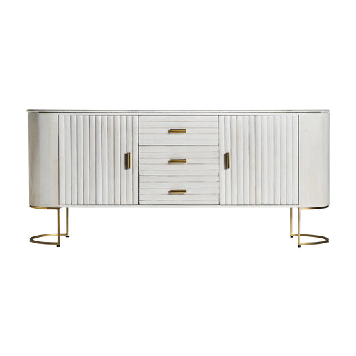 Introducing the exquisite Glees Sideboard, an epitome of Art Deco elegance and sophistication. The stunning white and gold color combination adds a touch of opulence to any space. Crafted with meticulous attention to detail, this sideboard is made of high-quality mango wood and brass, ensuring durability and a luxurious feel