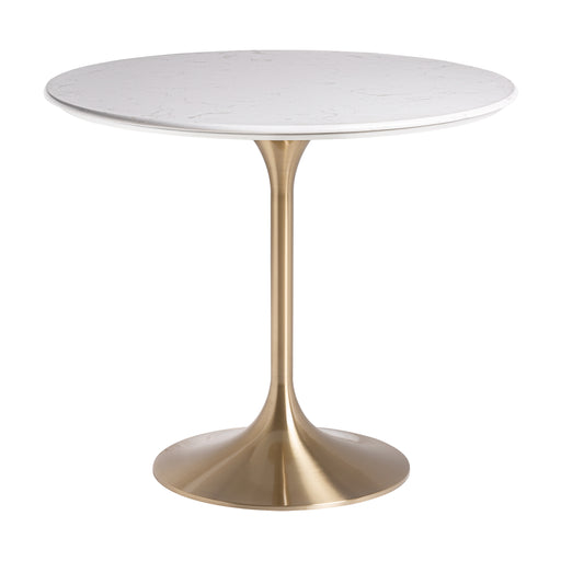 Elevate your dining experience with the Kelheim Dining Table, a stunning Art Deco masterpiece. The combination of White-Grey &amp; Gold colours exudes a sense of luxury and refinement. Crafted with precision from steel and marble, this table showcases a perfect blend of durability and elegance. 