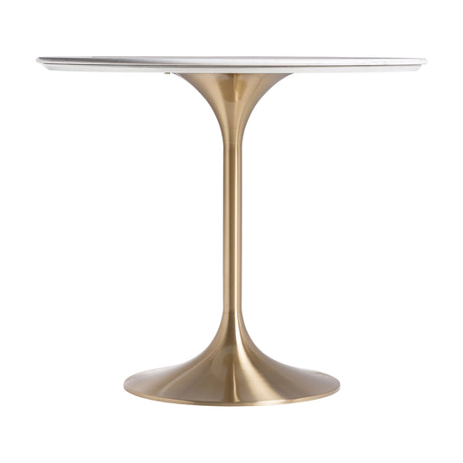 Elevate your dining experience with the Kelheim Dining Table, a stunning Art Deco masterpiece. The combination of White-Grey &amp; Gold colours exudes a sense of luxury and refinement. Crafted with precision from steel and marble, this table showcases a perfect blend of durability and elegance. 