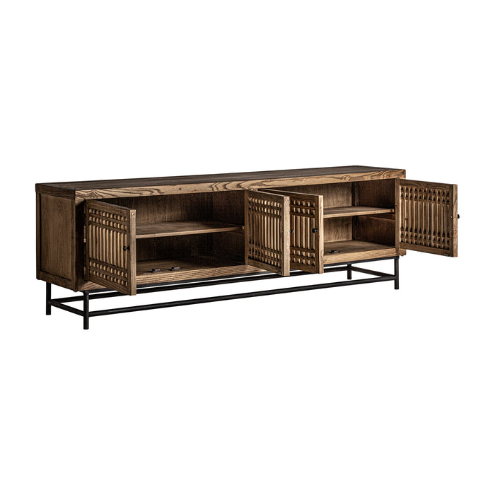 Xuzhou TV stand boasts a sleek and oriental design, perfect for aesthetic environments. Crafted from high-quality elm wood, this piece is built to last and will add a touch of sophistication to any room