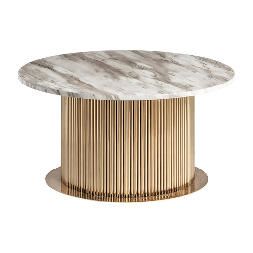 The BREISACH Coffee Table effortlessly captures the elegance of Art Deco style with its white and gold color scheme. Crafted with precision, it features a combination of steel and synthetic marble for a luxurious and durable design