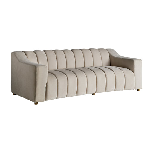 Scuol sofa is a luxurious centerpiece for your living space. With its elegant white and gold color scheme, this sofa exudes sophistication in every detail. Crafted with high-quality materials, including pine wood and steel, it offers both durability and style