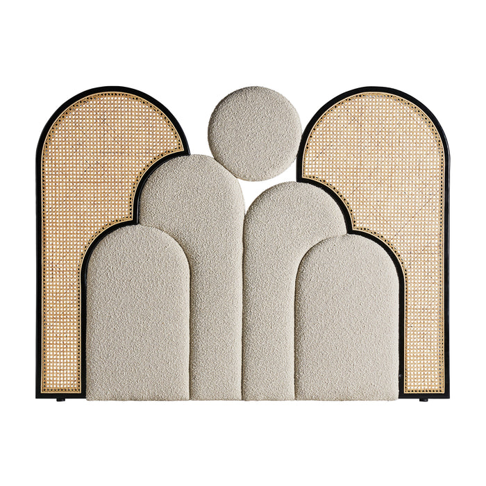 The Prati Bouclé Headboard is a true statement piece that exudes Colonial charm. Made from a blend of sturdy pine wood, natural rattan, and soft bouclé cotton, a luxurious addition to any bedroom