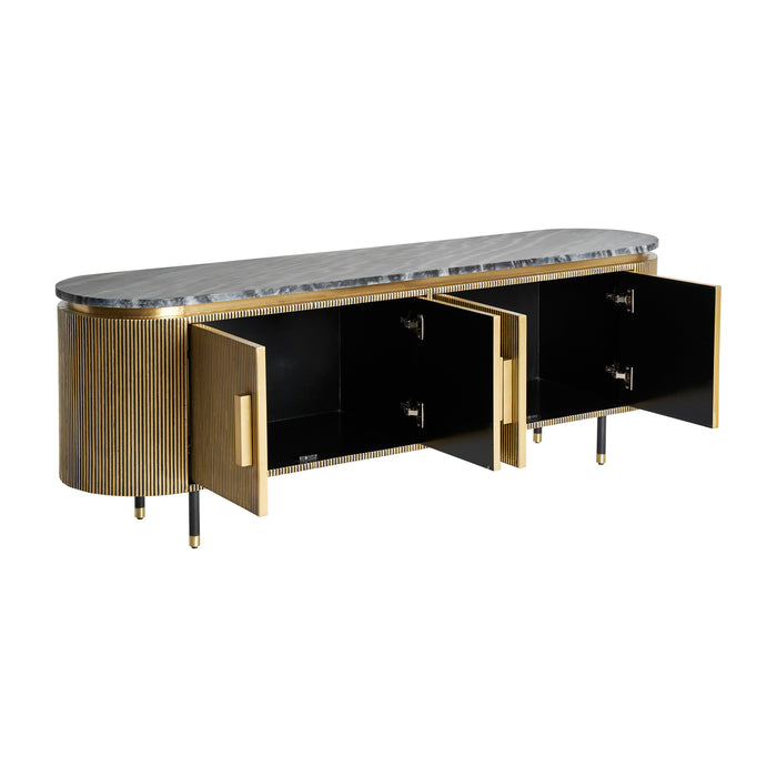 Indulge in the sophisticated elegance of the Valbruna TV Stand, a captivating piece inspired by Art Deco aesthetics. With its luxurious gold color and impeccable craftsmanship, this TV stand exudes opulence and refinement. 