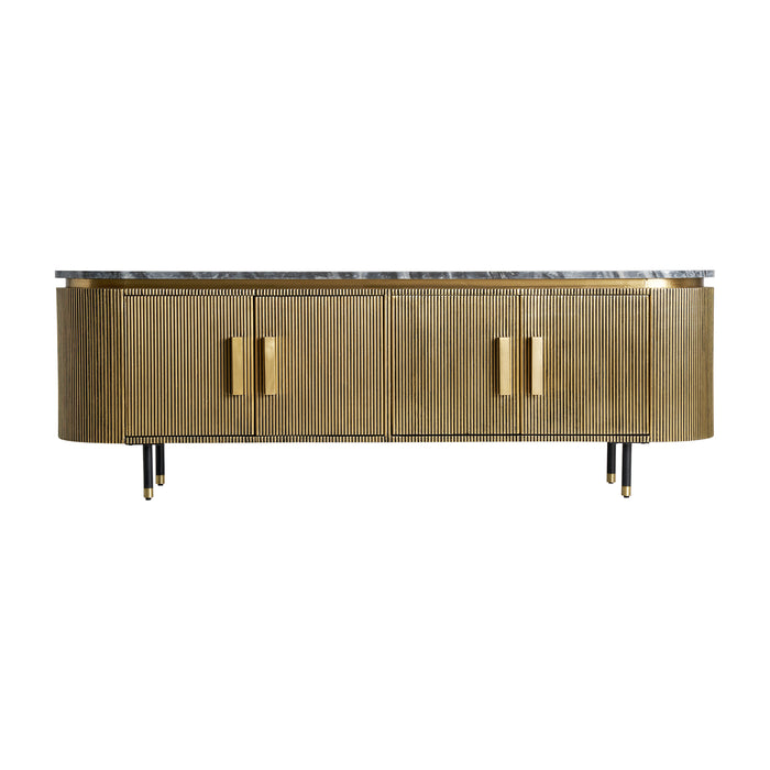 Indulge in the sophisticated elegance of the Valbruna TV Stand, a captivating piece inspired by Art Deco aesthetics. With its luxurious gold color and impeccable craftsmanship, this TV stand exudes opulence and refinement. 