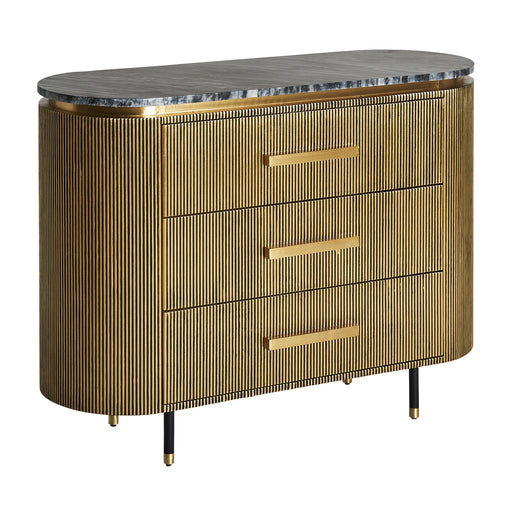 Experience the exquisite allure of the Valbruna Chest of Drawers, a luxurious masterpiece inspired by Art Deco design. With its striking oro color and impeccable craftsmanship, this chest of drawers adds a touch of opulence to any space