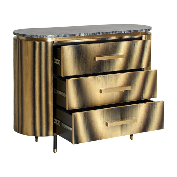 Experience the exquisite allure of the Valbruna Chest of Drawers, a luxurious masterpiece inspired by Art Deco design. With its striking oro color and impeccable craftsmanship, this chest of drawers adds a touch of opulence to any space
