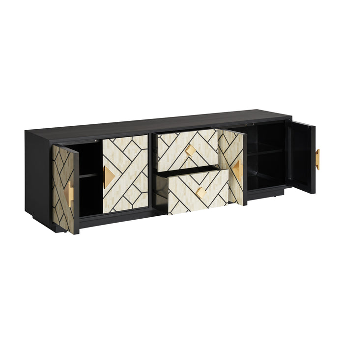 Introducing the Charmes TV Stand, a stunning piece of high-quality, Art Deco-inspired furniture. With its black, white, and gold color palette, this TV stand exudes elegance and sophistication