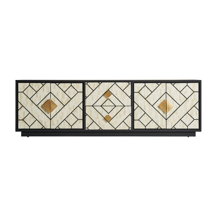 Introducing the Charmes TV Stand, a stunning piece of high-quality, Art Deco-inspired furniture. With its black, white, and gold color palette, this TV stand exudes elegance and sophistication
