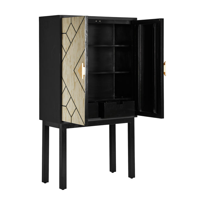 Introducing the Charmes Wardrobe, a captivating blend of Art Deco allure and timeless elegance. The striking combination of black, white, and gold colours exudes a sense of luxury and sophistication. Meticulously crafted from iron and bone, this wardrobe showcases high-quality craftsmanship and durability