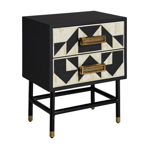 The Senj Bedside Table, crafted from a blend of iron and bone, boasts a striking Art Deco design and is sure to be an eye-catcher with its elegant Black & White color scheme