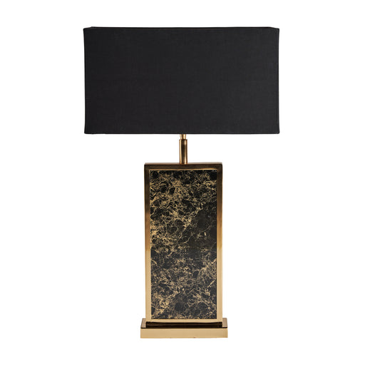 Crafted from brass material, this art deco-style Table Lamp features a sleek black color scheme. The lamp's design is enhanced by the addition of a golden color, which brings a touch of luxury and sophistication to the overall aesthetic
