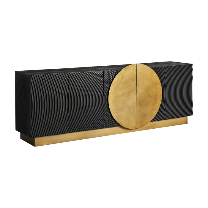 Dobeln Sideboard is a luxurious statement piece in Art Deco style, featuring a striking combination of black and gold colors. Crafted with a blend of iron and mango wood, it exudes elegance and sophistication