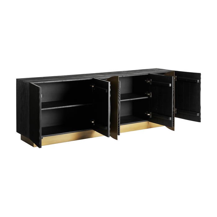 Dobeln Sideboard is a luxurious statement piece in Art Deco style, featuring a striking combination of black and gold colors. Crafted with a blend of iron and mango wood, it exudes elegance and sophistication