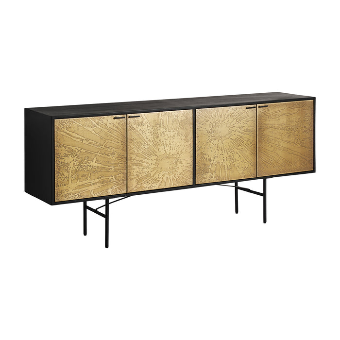 The Vaduz Sideboard combines the timeless elegance of Art Deco style with its sleek design and black and gold color scheme. Crafted from a blend of iron and mango wood, this sideboard offers both durability and sophistication