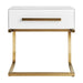 The Nagold Bedside Table in white and matte gold color embodies the timeless elegance of Art Deco style. Crafted from high-quality mirror and steel, it exudes a luxurious and glamorous appeal