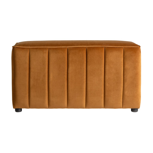 The MARSA bed foot stool, bathed in a rich ochre hue, channels the geometric elegance of the Art Deco period. Constructed from aromatic fir wood and adorned with plush velvet, its design is accentuated with subtle plastic elements, creating a harmonious blend of materials