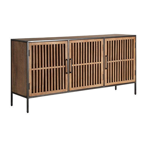 Gaffney Sideboard, a stunning industrial-style furniture piece that combines functionality with rustic charm. Crafted from high-quality mango wood and iron, this sideboard boasts a warm honey-colored finish that adds warmth and character to any space
