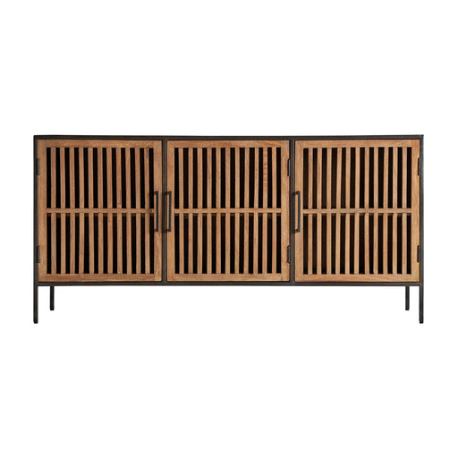 Gaffney Sideboard, a stunning industrial-style furniture piece that combines functionality with rustic charm. Crafted from high-quality mango wood and iron, this sideboard boasts a warm honey-colored finish that adds warmth and character to any space