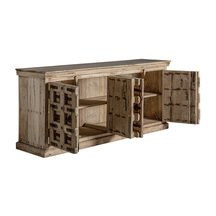 Introducing the SIRIGERE sideboard - a stunning handcrafted statement piece that exudes a rustic charm. The natural distressed color and ethnic style perfectly complement the mango wood's texture, highlighting its natural beauty