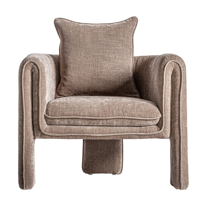 Experience luxurious seating with the ARMCHAIR KARKA. This stunning armchair is upholstered in a timeless taupe fabric and boasts an art deco style for a modern, sophisticated look. Its graceful curves and plush cushioning invite you to relax in opulent comfort.