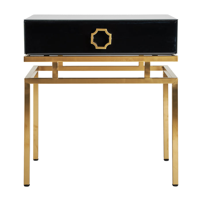 Introducing our luxurious BLACK &amp; GOLD CRYSTAL ART DECO BEDSIDE TABLE HOPFING. With its stunning Hopfing design, this bedside table exudes elegance and sophistication. The combination of black and matte gold colors, steel material, and crystal accents make it a true work of art