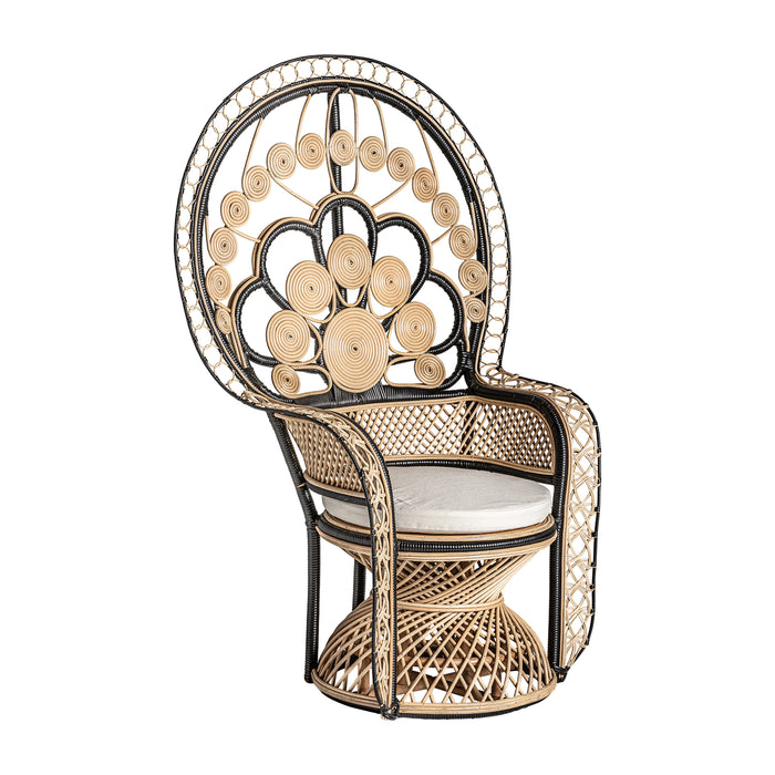 Introducing the Armchair DESOUK, a stunning statement piece that combines natural charm with contemporary design. The chair's intricate rattan weaving is complemented by the use of high-quality polyester, ensuring both comfort and durability