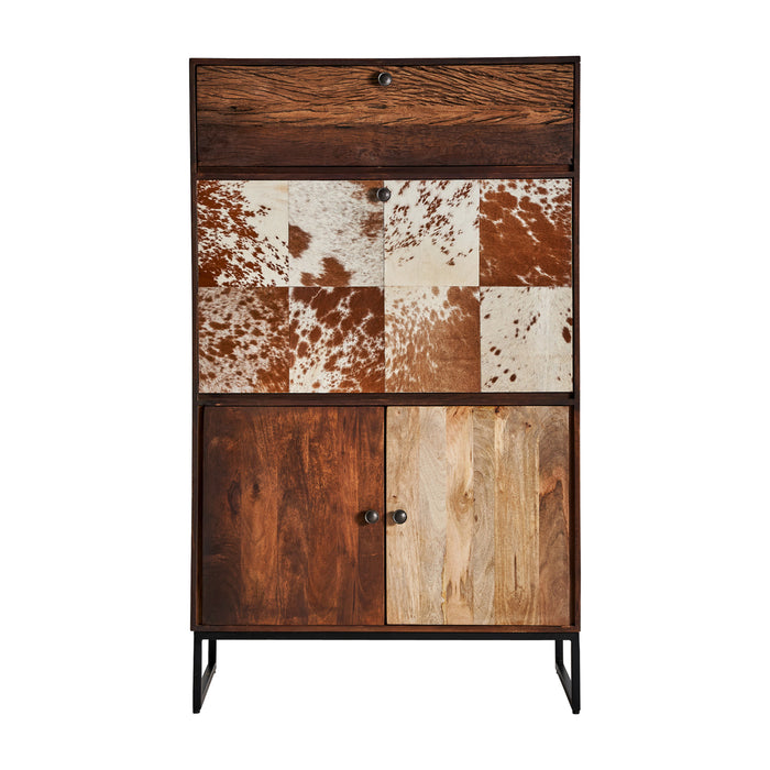 This Nordic-style bar cabinet, BROWN &amp; BEIGE, is made of recycled mango wood, wrought iron, and cowhide leather. Its unique design adds warmth and natural charm to any living space.